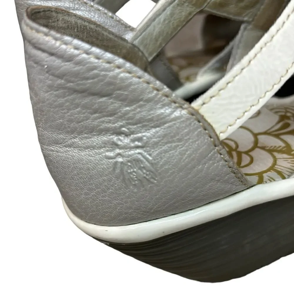 Fly London Yett Platform Heels Womens 8 Silver White Leather Chunky Wedge Shoes